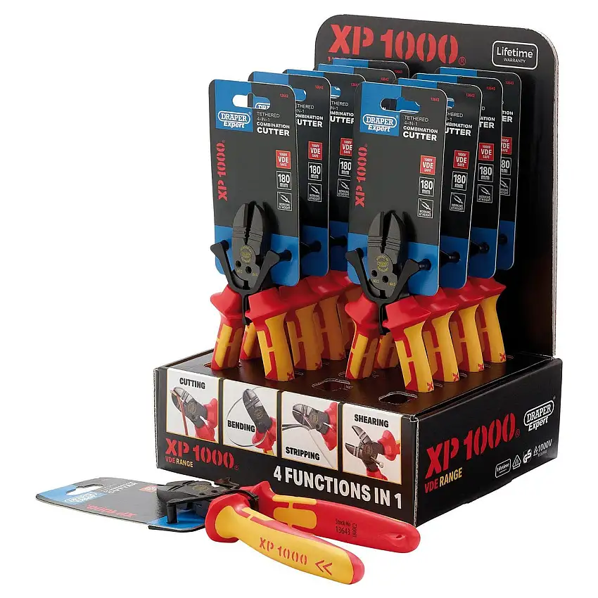 XP1000 Counter Top Display of VDE 180mm 4-in-1 Tethered Combination Cutters (10 Piece)