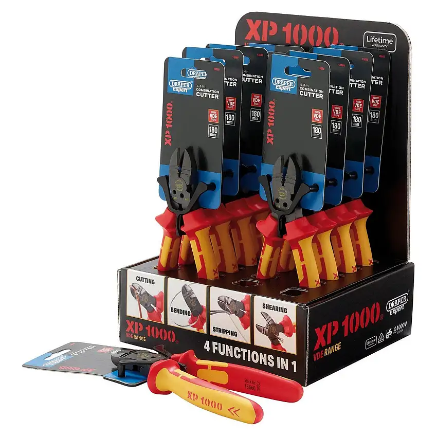 XP1000 Counter Top Display of VDE 180mm 4-in-1 Combination Cutters (10 Piece)