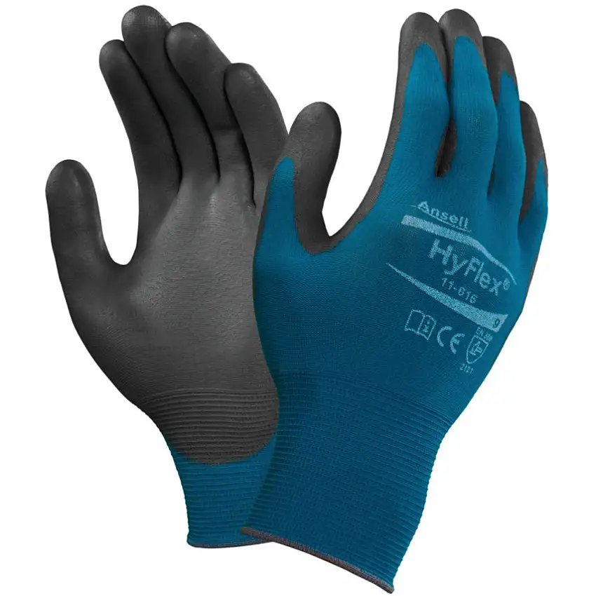 Ansell 11-616 HyFlex® Mechanical Hazard Gloves, Black/Blue, Nylon Liner, Polyurethane Coating, EN388: 2016, 3, 1, 2, 1, X, Size 6