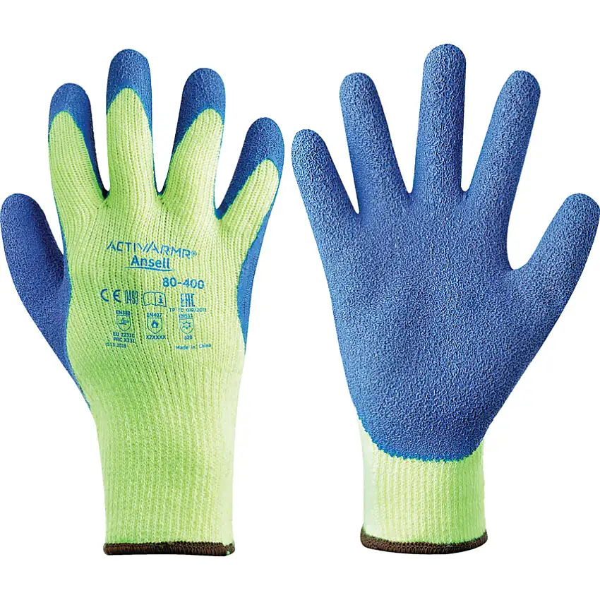 Ansell ActivArmr® 80-400, Cut Resistant Gloves, Blue/Yellow, Latex/Rubber, Palm/Fingertips Coated, Cut C, Size 11