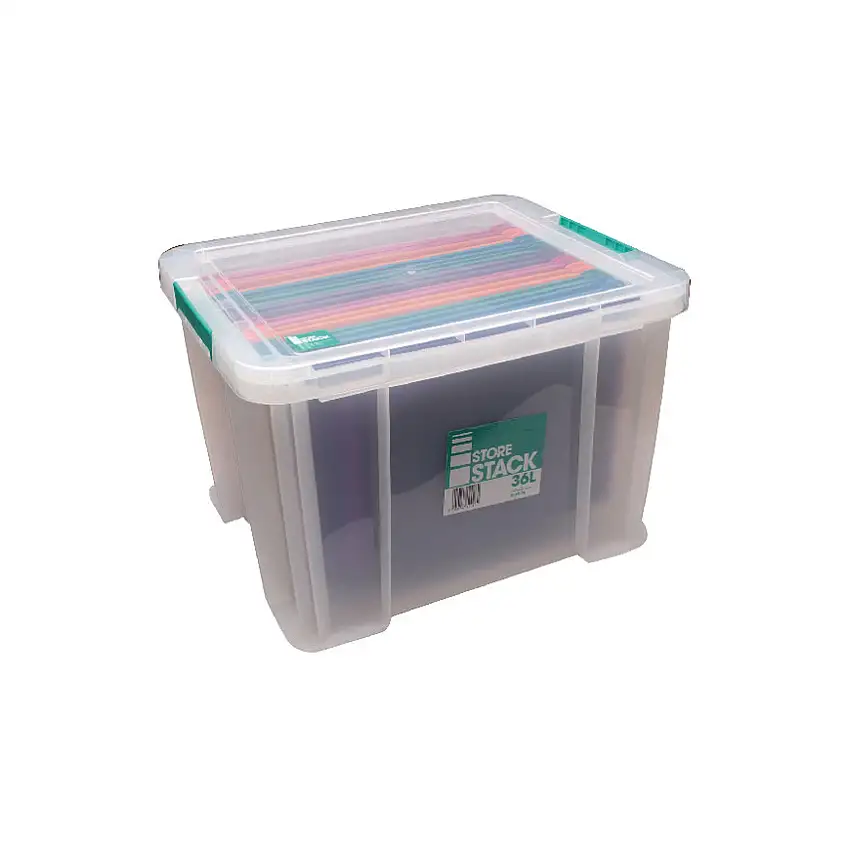 Store-Stack Storage Box with Lid, Plastic, Clear, 480x380x320mm, 36L