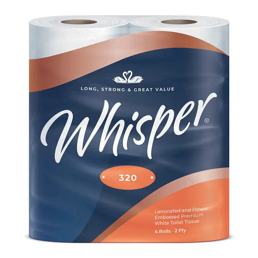 Whisper 320, Conventional Toilet Roll, 2 Ply, White, 36 Rolls, 320 Sheets Per Roll