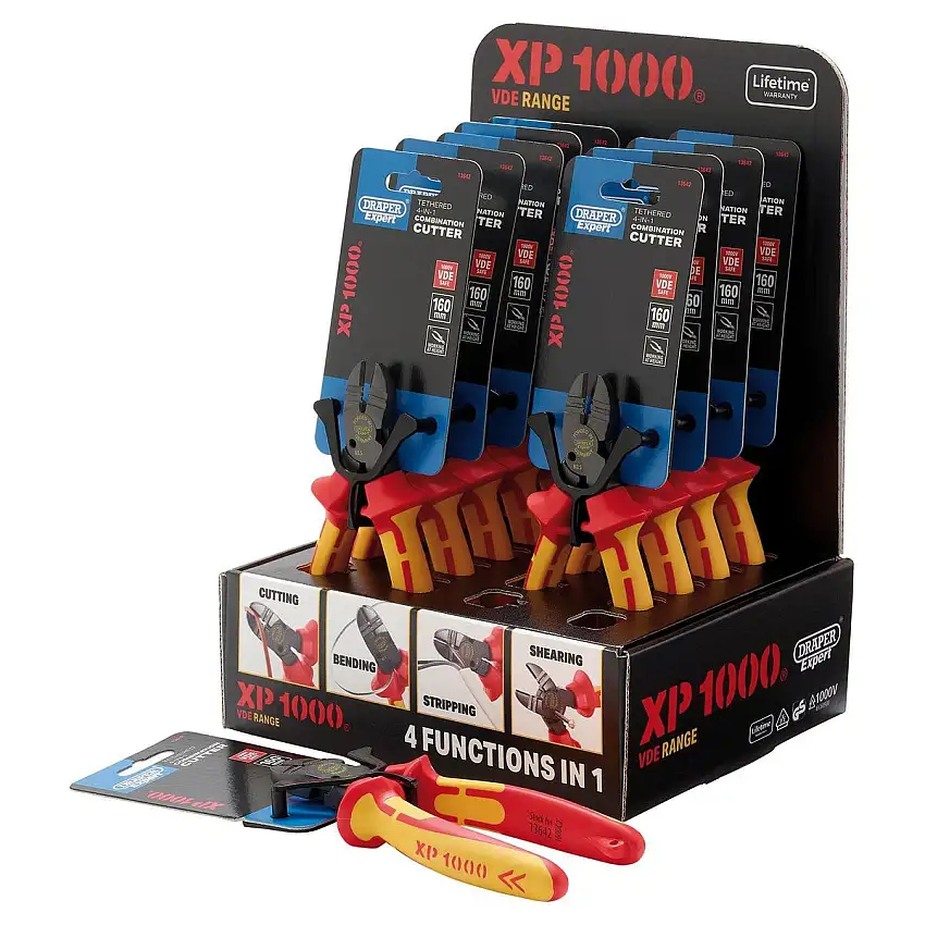 XP1000 Counter Top Display of VDE 160mm 4-in-1 Tethered Combination Cutters (10 Piece)