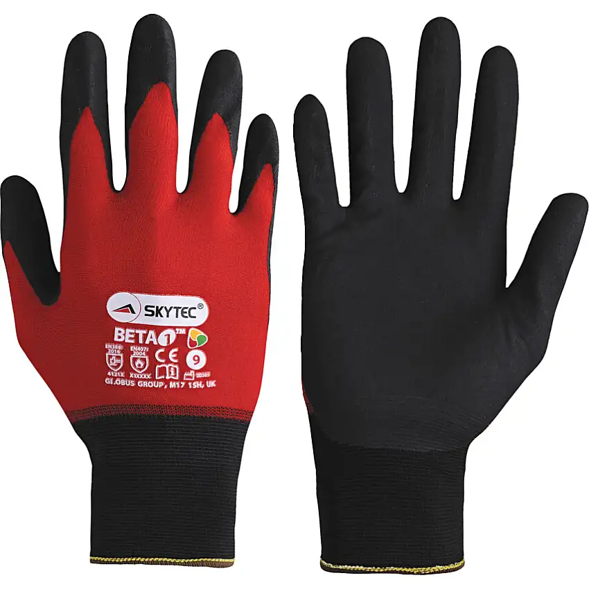 Skytec Beta 1 Mechanical Hazard Gloves, Black/Red, Nylon/Spandex Liner, Nitrile Foam Coating, EN388: 2016, 4, 1, 2, 1, X, Size 9