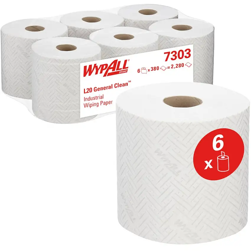 Wypall L20 Industrial Wiping Paper, White, Medium, Centrefeed Wiper Roll, 2 Ply, 6 Rolls