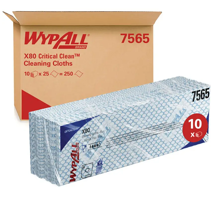 Wypall X80 Plus Critical Clean™, Blue, Folded, Wiper Cloths, 1 Ply, 10 Rolls