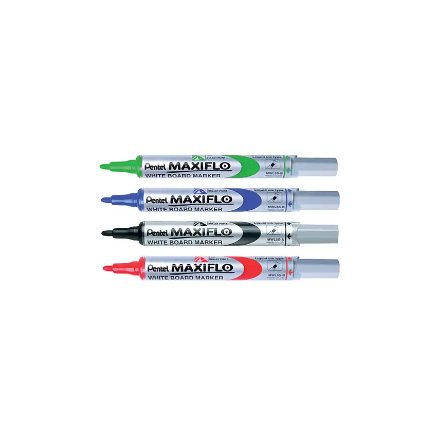 Pentel Maxiflo MWL5S Series, Whiteboard Marker, Assorted Colours, Broad Tip Size, Bullet Nib, Pack of 4 and Eraser