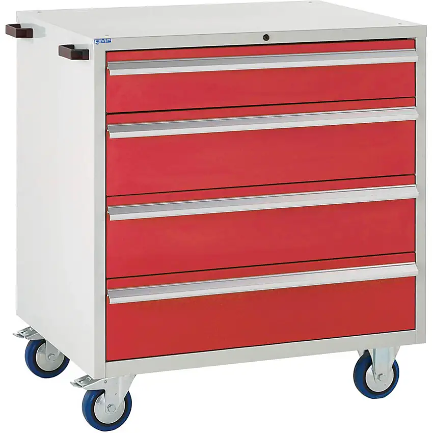 QMP Euroslide Mobile Storage Cabinet, 4 Drawers, Red, 980 x 900 x 650mm