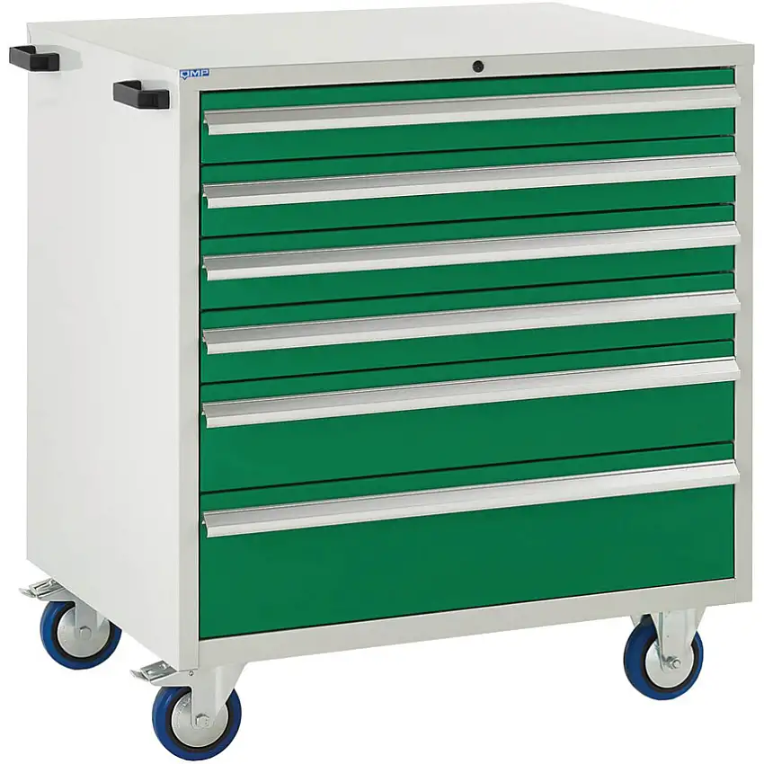 QMP Euroslide Mobile Storage Cabinet, 6 Drawers, Green, 980 x 900 x 650mm