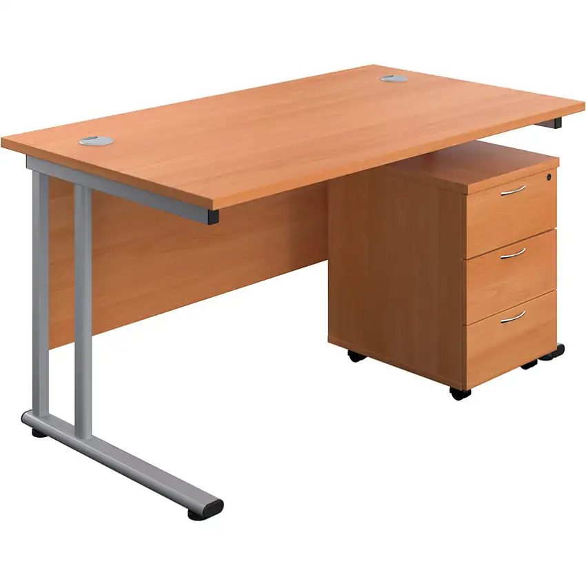 Tc Rectangular Desk with 3 Drawer Pedestal 1200mm x 800mm Beech/Silver