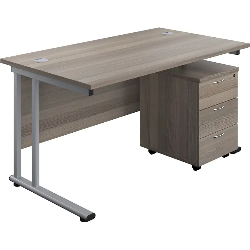 Tc Rectangular Desk with 3 Drawer Pedestal 1200mm x 800mm Grey Oak/Silver