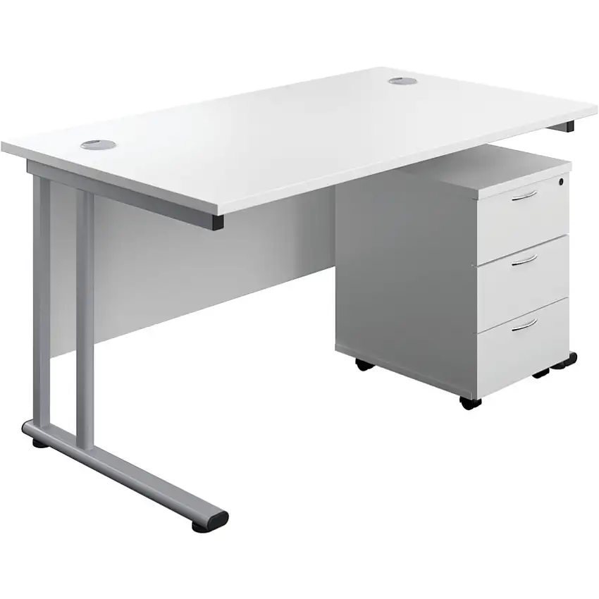 Tc Twin Rectangular Desk with 3 Drawer Pedestal, White/Silver, 1400mm x 800mm