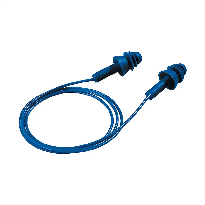 uvex Reusable Ear Plugs, Corded, Detectable, Triple Flange Plug Shape, 27dB, Blue, Pack of 50 Pairs