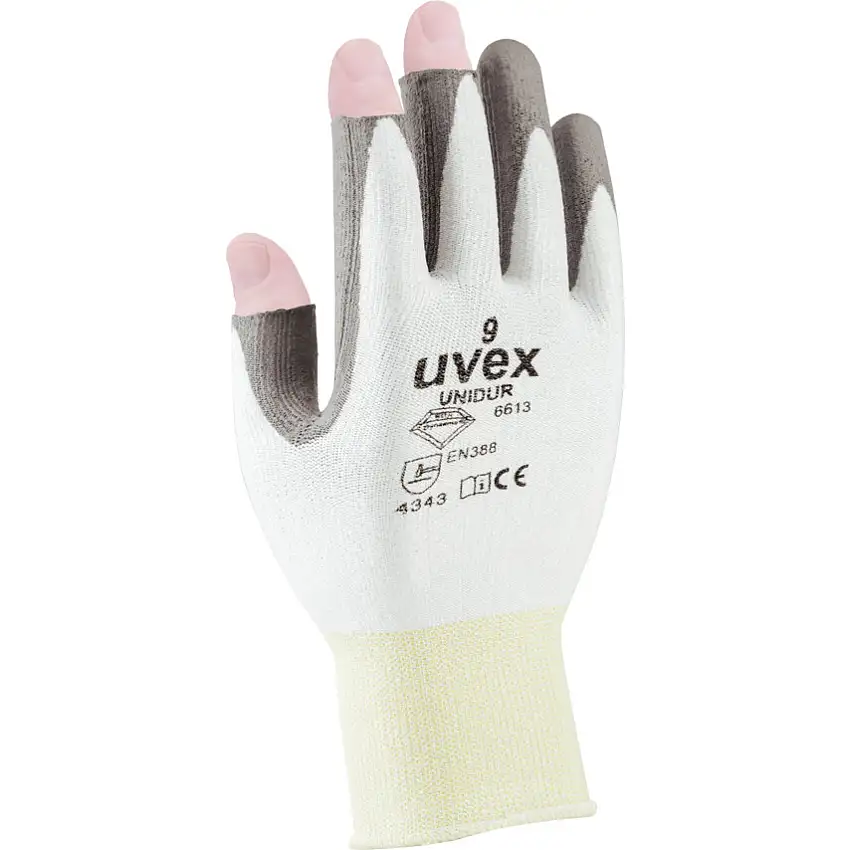 uvex Unidur 6613, Cut Resistant Gloves, Grey/White, Polyurethane, Fingertips Coated, Cut B, Size 8