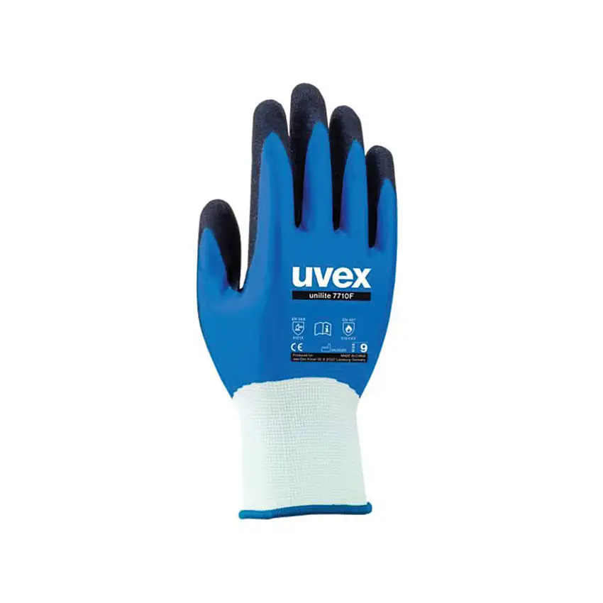 uvex 7710F Unilite Mechanical Hazard Gloves, Blue/White, Nylon Liner, NBR/Sandy Nitrile Coating, EN388: 2016, 4, 1, 2, 1, X, Size 11