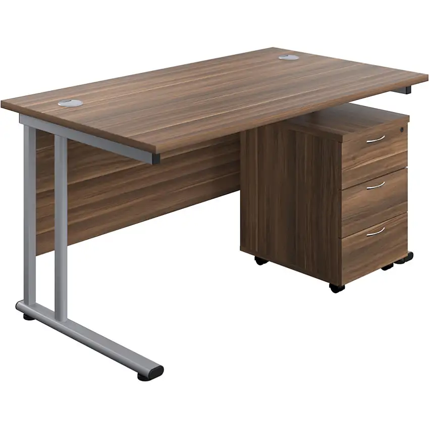 Tc Twin Rectangular Desk with 3 Drawer Pedestal, Walnut/Silver, 1400mm x 800mm